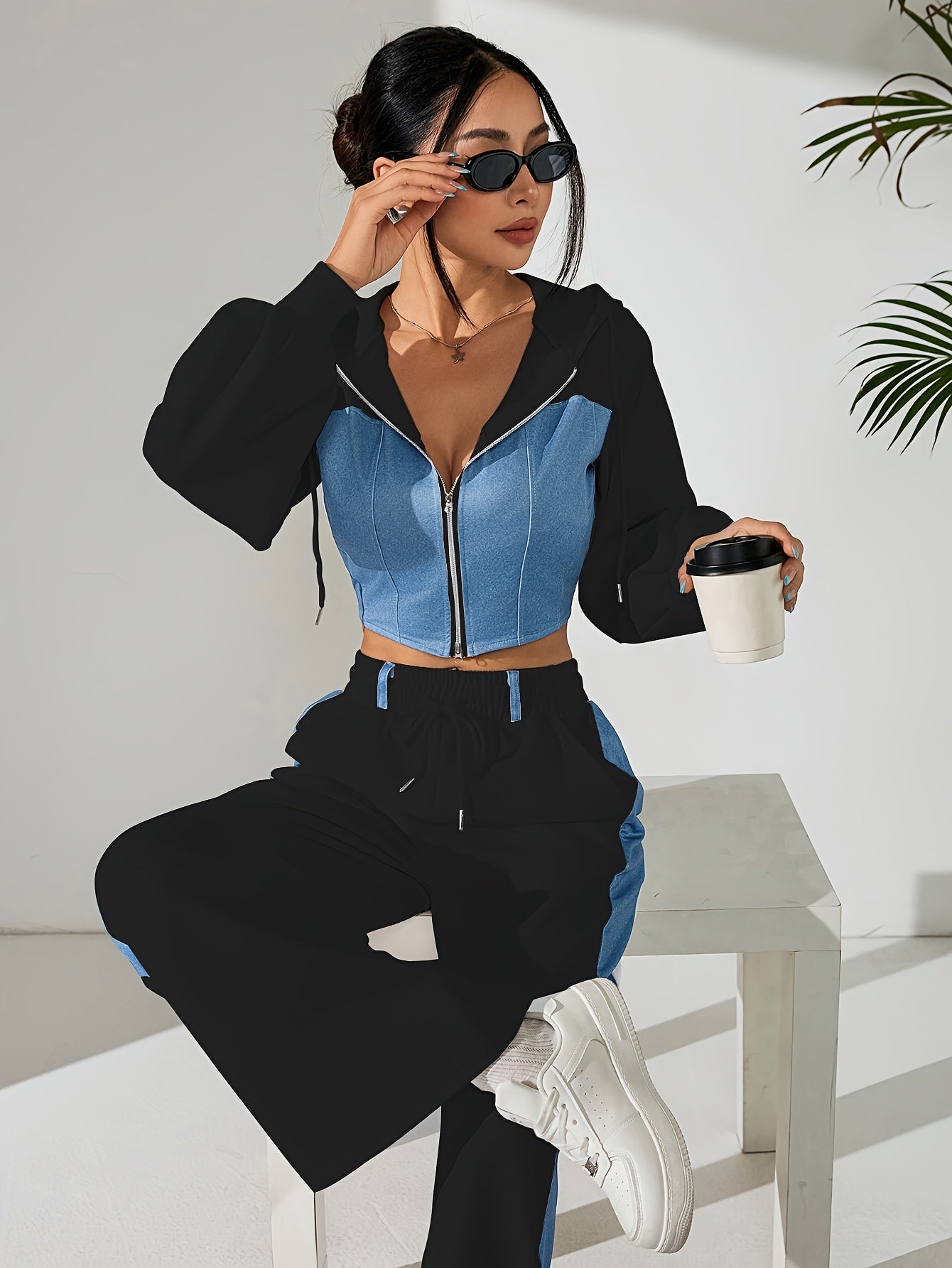 Women'S Stylish Two-Piece Set - Blue & Black Zip-Up Hoodie with Pockets, Long Sleeve Crop Top, and Wide-Leg Pants, Perfect for Spring/Fall, Casual Elegance, Casual Attire|Modern Casualwear|Zippered Hoodie