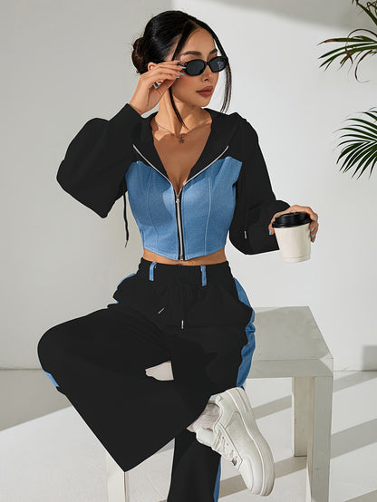 Women'S Stylish Two-Piece Set - Blue & Black Zip-Up Hoodie with Pockets, Long Sleeve Crop Top, and Wide-Leg Pants, Perfect for Spring/Fall, Casual Elegance, Casual Attire|Modern Casualwear|Zippered Hoodie