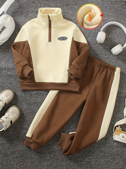 2pcs Set: Young Boys' Autumn/Winter -Lined Sweatshirt and Pants Set, Including a Stand Collar Half-Zip Contrast Long Sleeve Sweatshirt and Elastic Waist Contrast Pants, Very Casual, Comfortable, and Simple, Perfect for Outdoo
