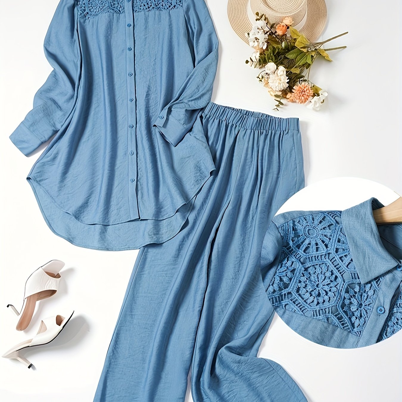 Երկու կտոր կանացի միագույն երկարաթև վերնաշապիկ և տաբատ, մինիմալիստական, առօրյա և նորաձև հավաքածու [NS702], պոլիեսթեր, կոնտրաստային ժանյակե դետալներով, էլեգանտ ոճ, գարուն/ամառ