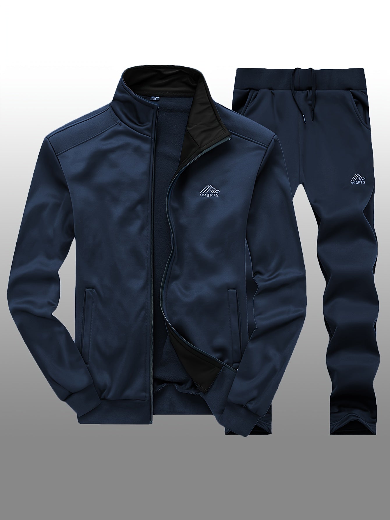 Men'S Casual Sportswear Set - Black Zip-Up Jacket & Pants with White Logo, Regular Fit, Spring/Fall Collection, Non-Stretch Fabric, Casual Attire|Zipup Jacket|Pants with Logo, Sweater Pants