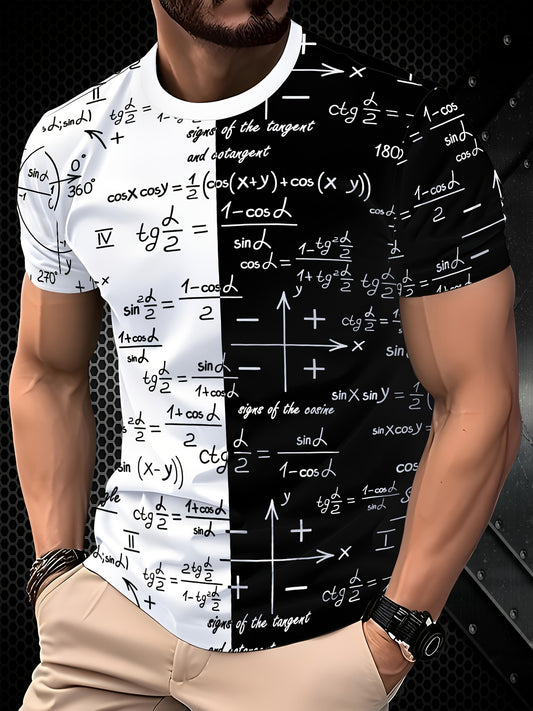 3D նորաձև կարճ թևքով շապիկ տղամարդկանց համար - սպիտակ՝ սև և ոսկեգույն մաթեմատիկական բանաձևերի տպագրությամբ, կլոր վզնոցով, սովորական չափսերով, բոլոր եղանակների հարմարավետություն