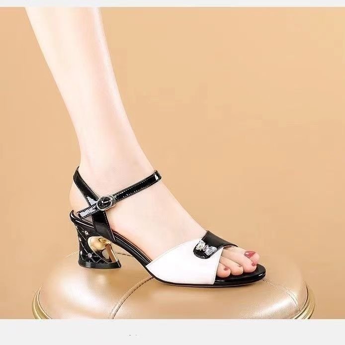 Women'S Fashion Solid Color Mid Heel Block Heel Open Toe Buckle Sandals, PU Upper, PU Insole, Rubber Sole, Hand Wash, for Women