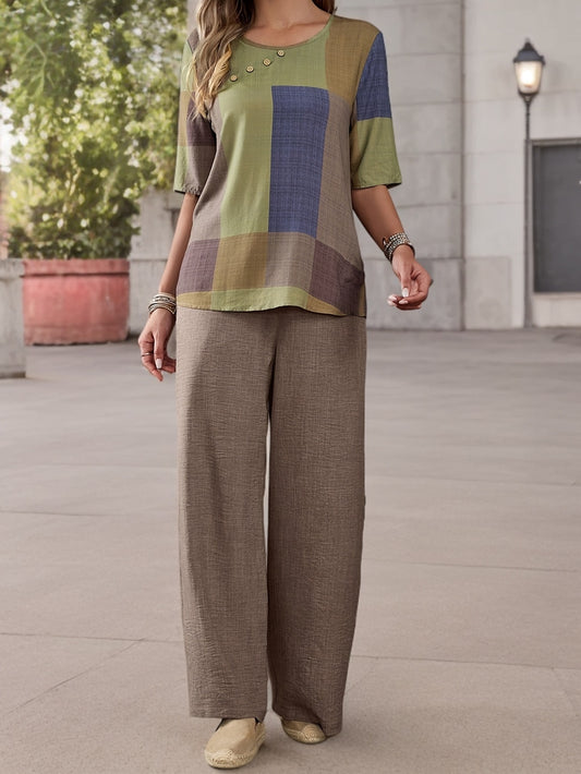 Էլեգանտ կանացի նորաձև կոստյում՝ կարճ թևքերով, կլոր վզնոցով, պոլիեսթերից, գարուն/ամառ հավաքածու, առօրյա հագուստ | Ժամանակակից առօրյա հագուստ | Պոլիեսթերային գործվածք