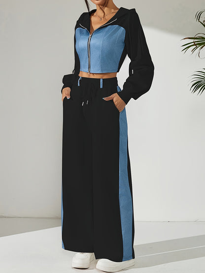 Women'S Stylish Two-Piece Set - Blue & Black Zip-Up Hoodie with Pockets, Long Sleeve Crop Top, and Wide-Leg Pants, Perfect for Spring/Fall, Casual Elegance, Casual Attire|Modern Casualwear|Zippered Hoodie