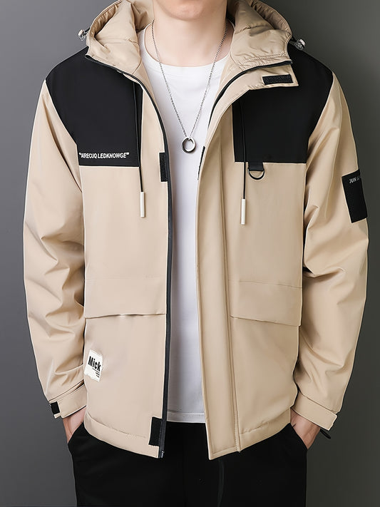 Men's Casual Hooded Windbreaker Jacket - Spring/Autumn Color Block Zip-Up Coat For Autumn Winter Outdoors - ayq
