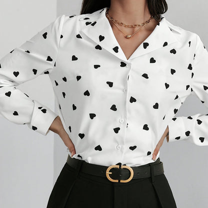 Elegant Women's Heart Pattern Long Sleeve Button-Up Shirt - Semi-Sheer, Polyester, Machine Washable - Perfect for Spring/Fall - ayq