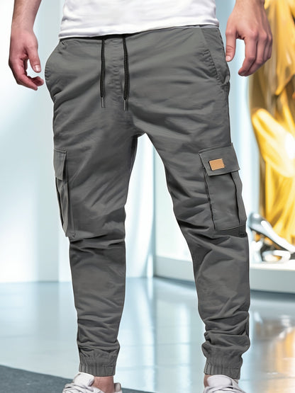 Men'S Fashion Cargo Pants, 100% Polyester Woven Fabric, All-Season Loose Fit with Drawstring Waist, Multi-Pocket Design, Solid Color, Mid Waist, Regular Length, Non-Stretch, Casual Joggers for Weekend - 160g/m²