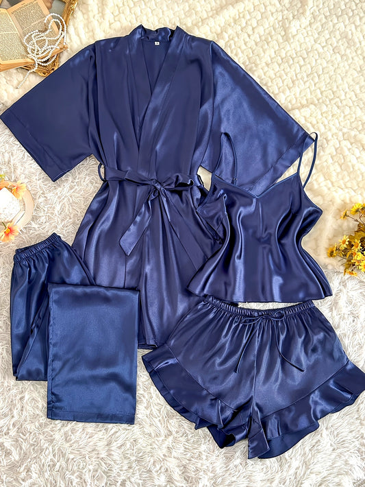 Women'S All-Season V-Neck Pajama Set - Comfortable, Sexy, Polyester 4pcs Sleepwear with Tie Waist And Drawstring Shorts, Perfect for Autumn And Winter, Autumn Winter Sleepwear | Stylish Sleepwear | Polyester Fabric