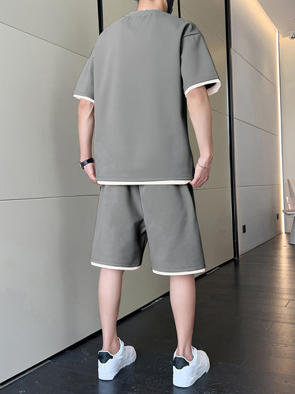 Men's Casual Fashion Sportswear Set - Light Gray "DREAMS" Print T-Shirt & Shorts, 100% Polyester, Machine Washable, Summer Outfit - ayq