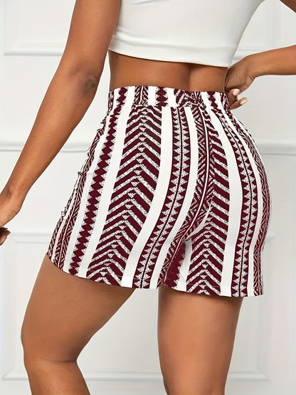 Կանացի ամառային գծավոր պրինտ շորտեր - արձակուրդային էլաստիկ գոտկատեղ, թեթև պոլիեսթեր խառնուրդ, լվացվող մեքենայով, շագանակագույն և սպիտակ, հանգստյան նորաձևություն|գծավոր ձևանմուշ|թեթև գործվածք