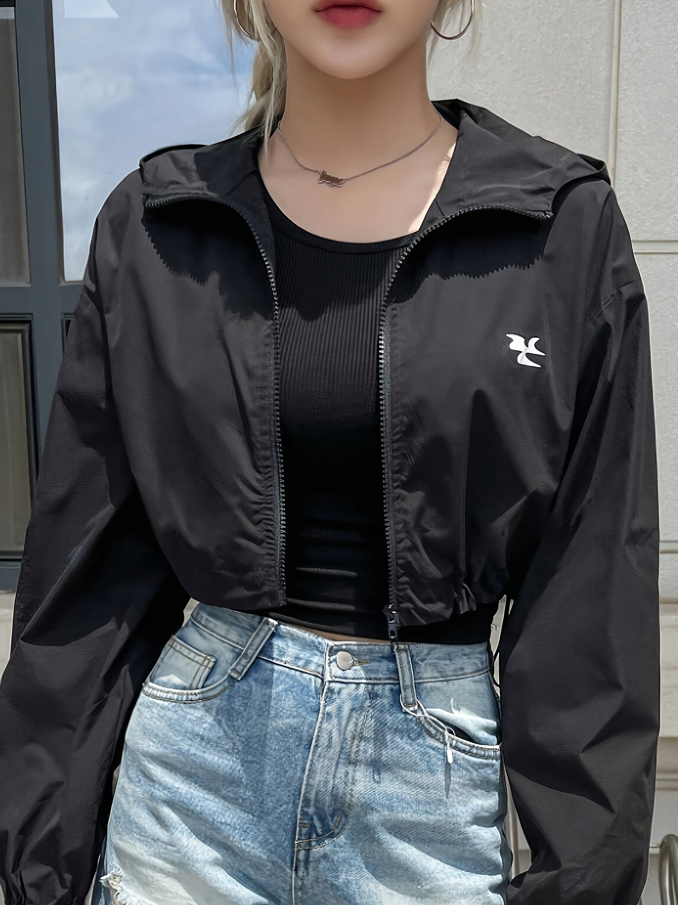 Chic Hooded Jacket for Women - Solid Color, Zip-Up, Polyester, Machine Washable - Perfect for Spring/Fall - ayq