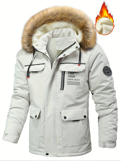 Men'S Winter Hooded Jacket with Fleece Lining - Thickened Zip-Up Coat, Multiple Pockets, Detachable Hood, Olive Green, Casual Sporty Style for Cold Weather, Winter Jacket, Durable Outerwear, Winter Coat Men, Coat With Variabl