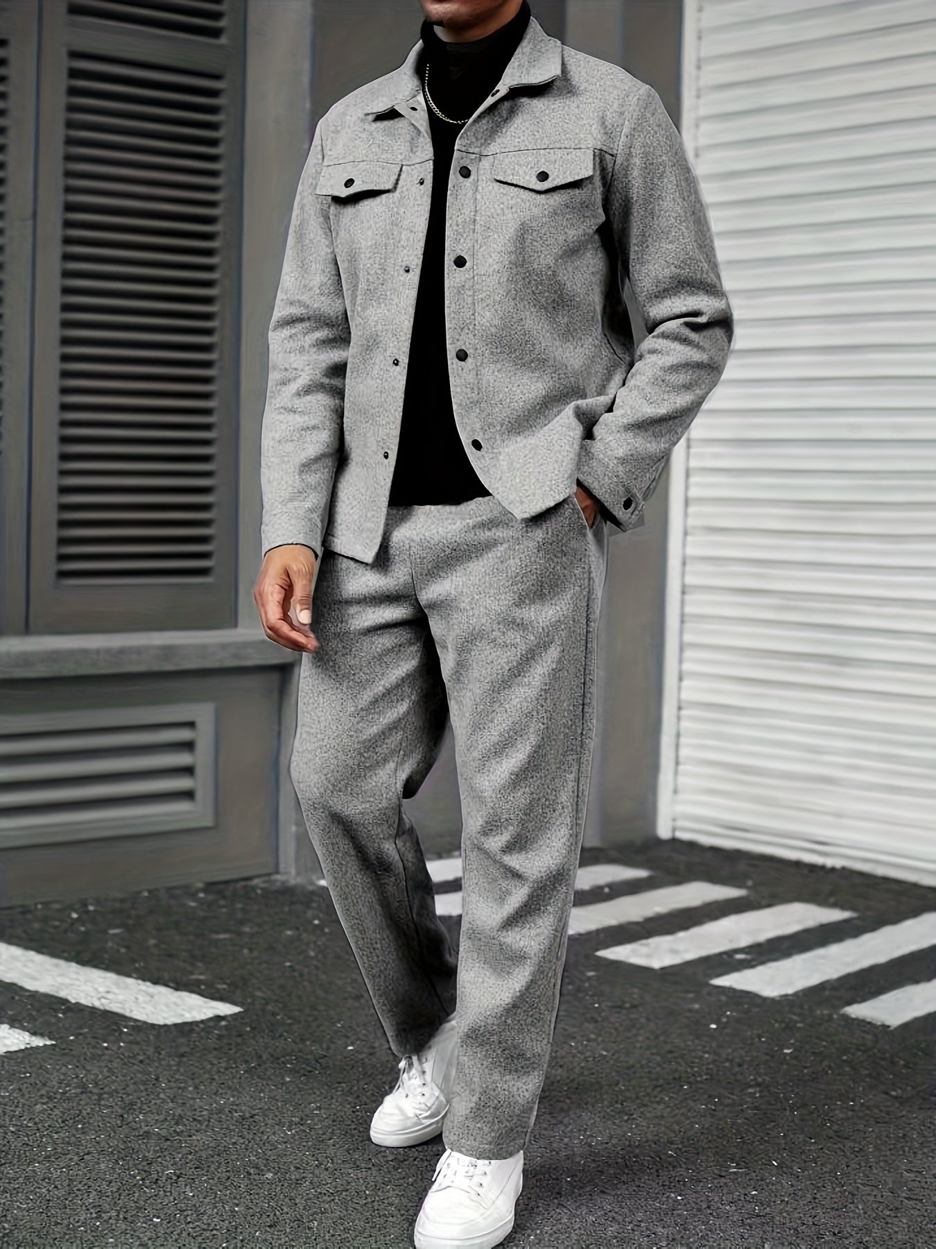 Տղամարդու երկկտոր առօրյա հագուստ - սև կոճակներով վերնաշապիկ և տաբատ, երկար թևքերով, ազատ չափսերով, չձգվող գործվածքով, իդեալական է գարնան/աշնան համար, առօրյա հագուստ | ազատ չափսերով | կոճակներով վերնաշապիկ