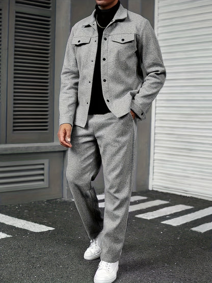 Տղամարդու երկկտոր առօրյա հագուստ - սև կոճակներով վերնաշապիկ և տաբատ, երկար թևքերով, ազատ չափսերով, չձգվող գործվածքով, իդեալական է գարնան/աշնան համար, առօրյա հագուստ | ազատ չափսերով | կոճակներով վերնաշապիկ