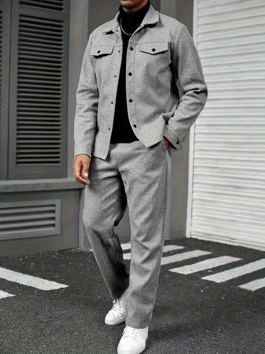 Տղամարդու երկկտոր առօրյա հագուստ - սև կոճակներով վերնաշապիկ և տաբատ, երկար թևքերով, ազատ չափսերով, չձգվող գործվածքով, իդեալական է գարնան/աշնան համար, առօրյա հագուստ | ազատ չափսերով | կոճակներով վերնաշապիկ