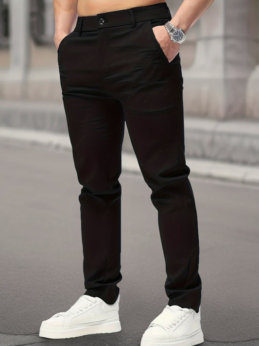 Men's Casual Solid Color Pants - Polyester, Machine Washable, Button Detail, Regular Fit for All Seasons