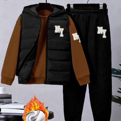 3pcs Boys' Winter Warm Uniform Set - NY Logo Lettered Jacket, Sweatshirt & Pants with Numbered Parch-Like Strips (8-12 Years) | Machine Washable 3pcs Outfit for, & Cold Weather | Non-Stretch Layered Clothing, Perfect for Outd