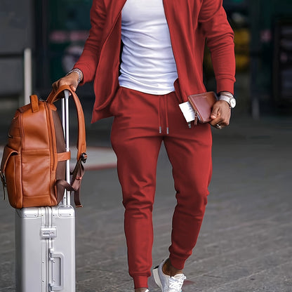 Տղամարդու առօրյա նորաձև կոստյումի հավաքածու՝ պոլիեսթերից, կանգնած օձիքով, կայծակաճարմանդով բաճկոն և լարով տաբատ՝ գարնանային/աշնանային համար