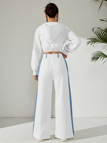 Women'S Stylish Two-Piece Set - Blue & Black Zip-Up Hoodie with Pockets, Long Sleeve Crop Top, and Wide-Leg Pants, Perfect for Spring/Fall, Casual Elegance, Casual Attire|Modern Casualwear|Zippered Hoodie