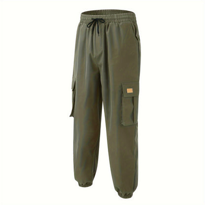 Men'S Fashion Cargo Pants, 100% Polyester Woven Fabric, All-Season Loose Fit with Drawstring Waist, Multi-Pocket Design, Solid Color, Mid Waist, Regular Length, Non-Stretch, Casual Joggers for Weekend - 160g/m²
