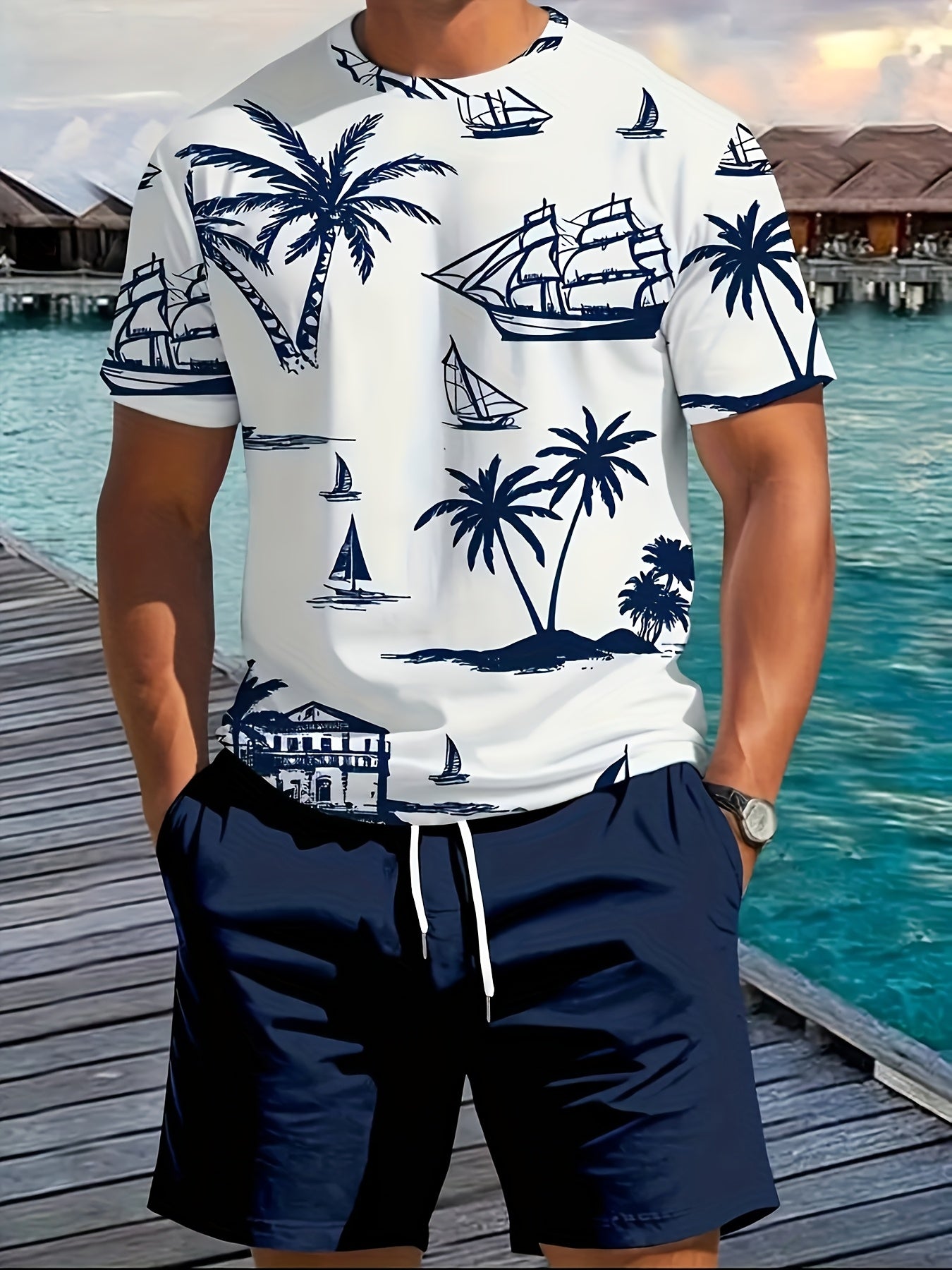 A set of 2 stylish Men's palm tree pattern summer fresh T-shirts and shorts, micro-stretch polyester knit fabric with a fitted fit, suitable for outdoor activities and family gatherings.