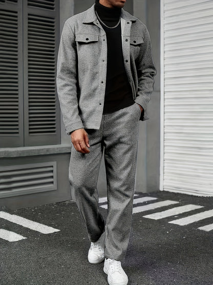 Տղամարդու երկկտոր առօրյա հագուստ - սև կոճակներով վերնաշապիկ և տաբատ, երկար թևքերով, ազատ չափսերով, չձգվող գործվածքով, իդեալական է գարնան/աշնան համար, առօրյա հագուստ | ազատ չափսերով | կոճակներով վերնաշապիկ