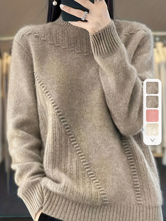 Elegant Plus Size Solid Color Mock Neck Sweater - Casual Knit Long Sleeve Pullover for Women, Machine Washable, Elegant Style, Spring/Autumn