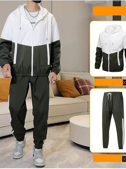 Տղամարդկանց գարուն-աշուն բացօթյա սպորտաձևերի մարզումների համար նախատեսված ամենօրյա գունային բլոկներով կարված վերնաշապիկով, կարգավորվող հավաքածու՝ տնային վերնաշապիկով և տաբատով, նորաձև քամուց պաշտպանող բաճկոնով, տաբատով, երկկտոր կոստյումով