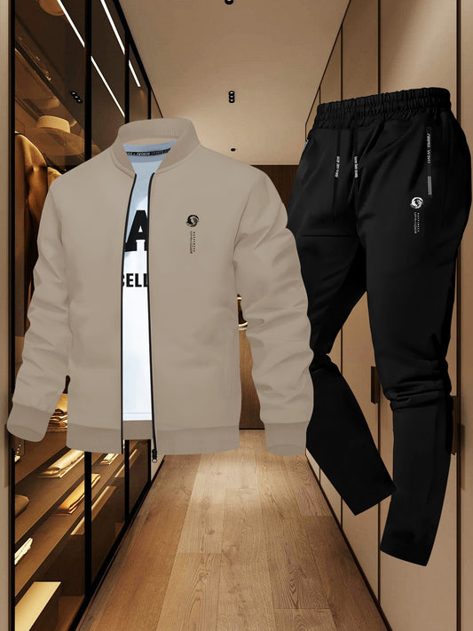 Japanese-Style Happiness Print, Casual Men'S Suit for Spring And Autumn, Featuring a Simple Two-Piece Set with a Round Neck Jacket And Long Pants, Perfect for Daily Sports And Travel, Trendy.