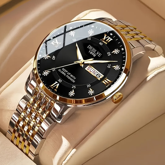 Elegant Men'S Stainless Steel Quartz Watch with Luminous Hands, Date Display & Week Indicator - Classic Design, Non-Waterproof, Battery Powered - Ideal Gift for Christmas, Halloween, Campus Related Events, Everyday Watch|Clas