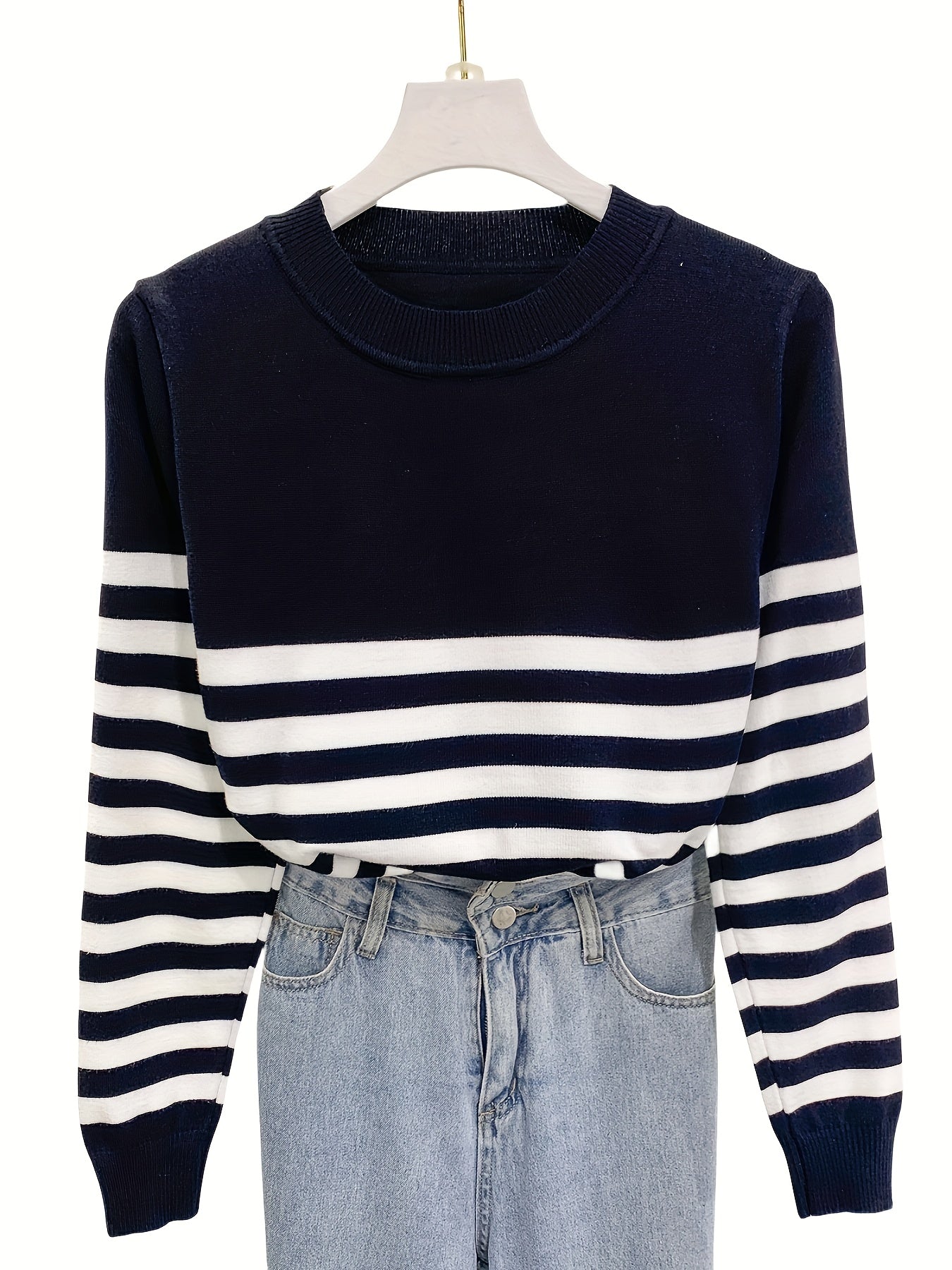 Կանացի Casual Color Block Crew պարանոցով սվիտեր, երկարաթև տրիկոտաժե վերնաշապիկ, վիսկոզայի խառնուրդ 75% պոլիեսթեր 25%, միջին ձգվող, բոլոր եղանակներին, 350 գ/մ² Գործվածքի քաշը