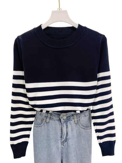 Կանացի Casual Color Block Crew պարանոցով սվիտեր, երկարաթև տրիկոտաժե վերնաշապիկ, վիսկոզայի խառնուրդ 75% պոլիեսթեր 25%, միջին ձգվող, բոլոր եղանակներին, 350 գ/մ² Գործվածքի քաշը