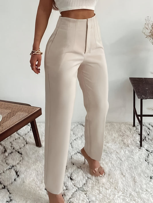 Women'S High-Waist Casual Trousers, Elegant Simple Slim Fit, 100% Polyester, Solid Color, All-Season, Woven Fabric, 150g/m² - Perfect for Adult - ayq