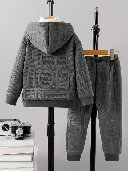 DONABEBE ' 2pcs Winter Jacket & Pants Set - Full-Zip Hooded Coat with Fleece, Matching Letter Logo Pants, Warm Casual Outfit for Cold Weather, Cozy 2pcs Clothes (Hand Washable), Perfect for Outdoor