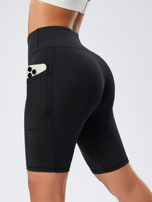 Women's High-Waist Black Yoga Shorts with Pockets - Tummy Control, Stretchy Running & Workout Leggings, Durable Polyester/Spandex Blend, Sleek Design