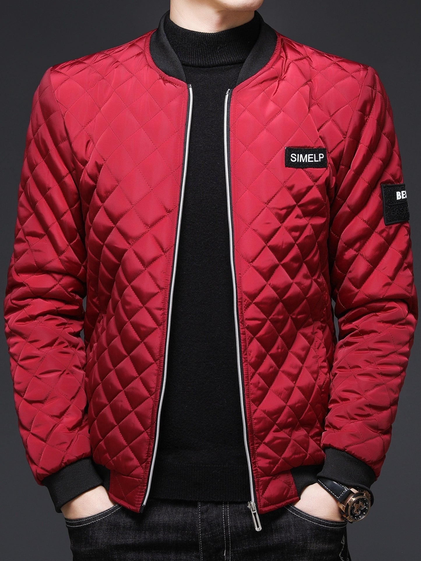 Men's Casual Quilted Zip Up Jacket, Chic Baseball Collar Jacket For Fall Winter