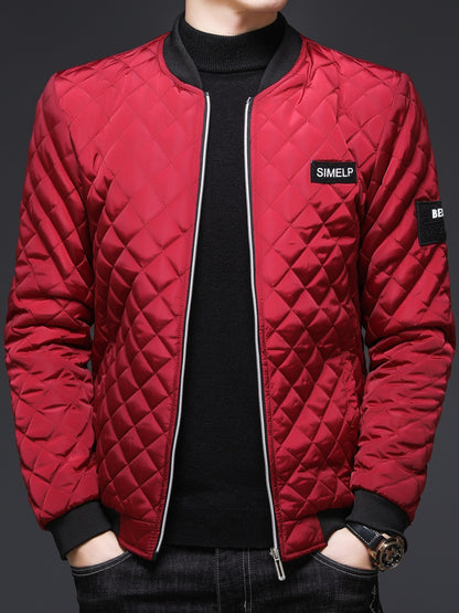Men's Casual Quilted Zip Up Jacket, Chic Baseball Collar Jacket For Fall Winter