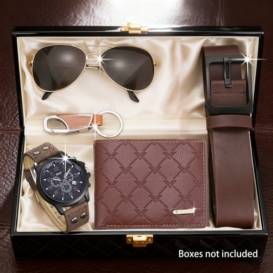 A Set of 5pcs Including a Classic And Easy Casual Wallet for Men, a Deep Brown Large Dial Quartz Watch, Glasses, a Keychain, And a Belt - The Perfect Gift for Loved Ones for Christmas, Valentine'S Day, New Year, And Halloween