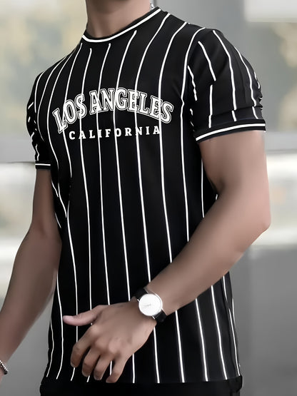 Տղամարդու Լոս Անջելեսի Կալիֆոռնիա ոճի գրաֆիկական մարզաշապիկ՝ սև, սպիտակ, գծավոր, առօրյա, փողոցային ոճի, շնչող, ամառային, կլոր վզնոցով, կարճ թևքերով վերնաշապիկ, սովորական չափսերով, առօրյա, փողոցային ոճի, հարթ հյուսվածքով գործվածքով։