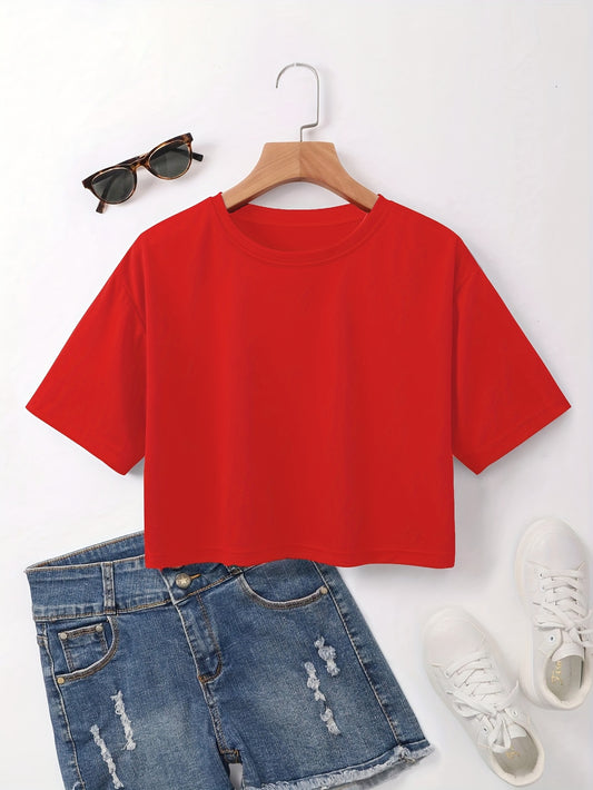 Women's Red Crop Top T-Shirt - Casual Short Sleeve, Loose Fit, Solid Color, Polyester, Machine Washable, Round Neck - Perfect for Summer - ayq