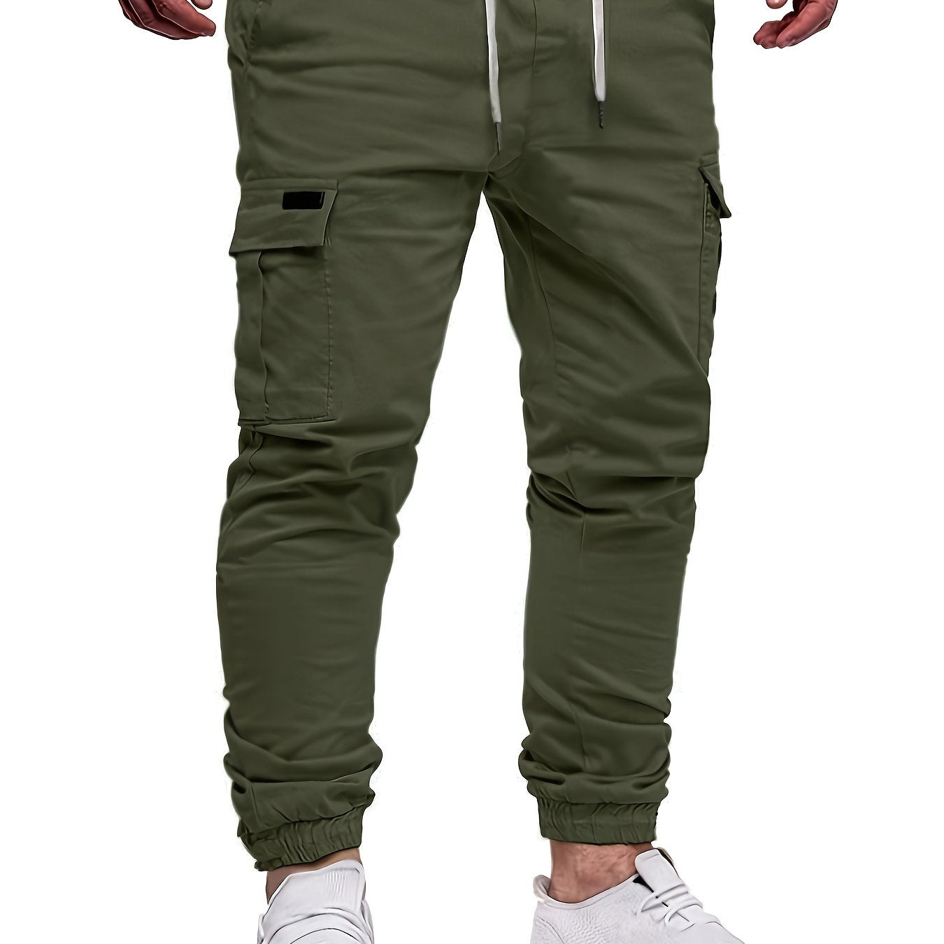Men's Fashion, Regular Fit And Cuffed Solid Cargo Pants With Flap Pockets, Chic And Trendy Solid Drawstring Leisure Trousers For Daily Outerwear - ayq