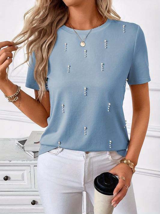 Կանացի կարճ թևքերով, ուլունքներով զարդարված մարզաշապիկ՝ կլոր վզով, գարնանային և ամառվա համար, թեթև պոլիեսթերի խառնուրդ, էլեգանտ ուլունքներով զարդարանք, իդեալական է ամենօրյա հագուստի համար։