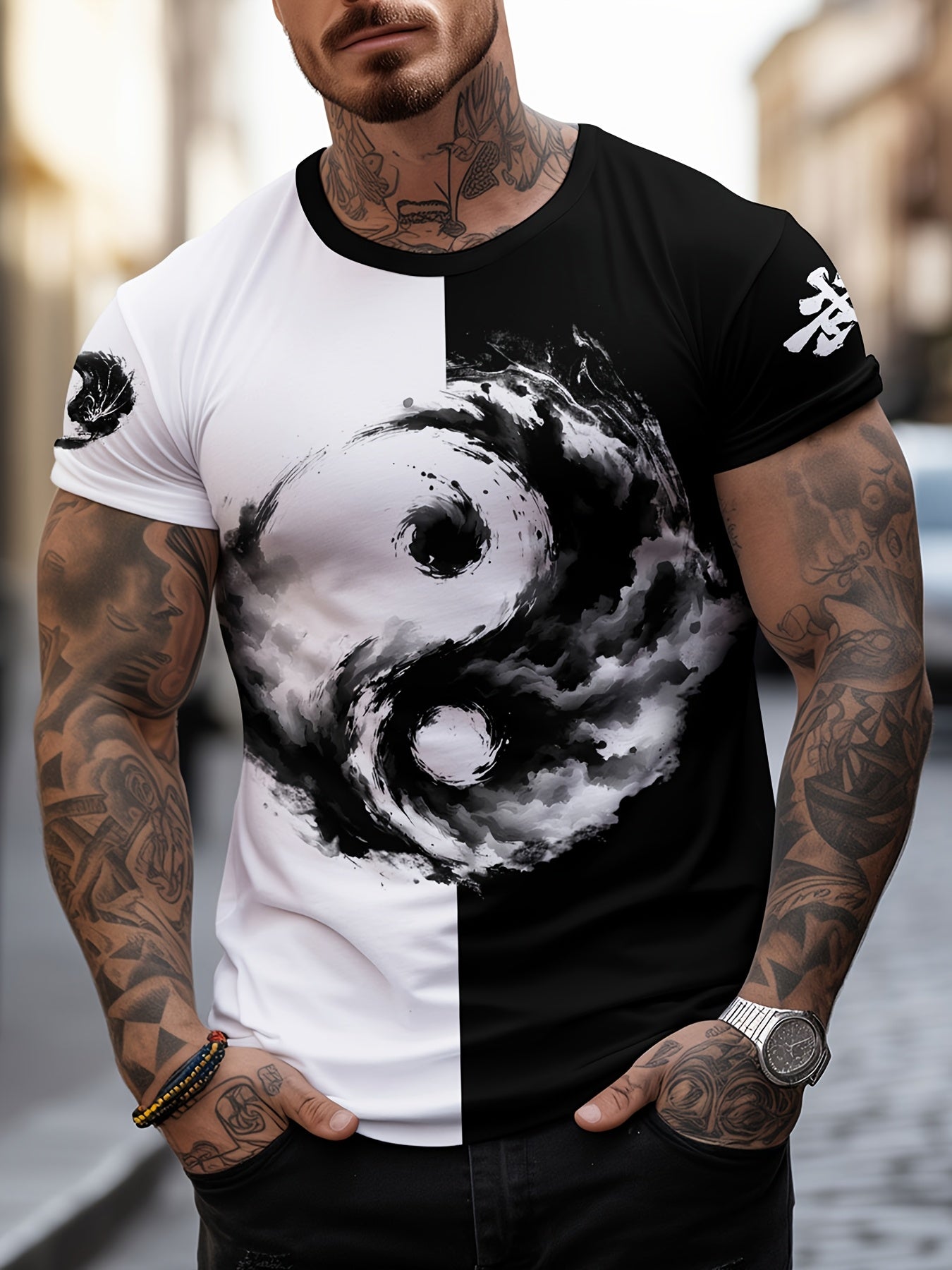 Տղամարդու Յին Յանգ 3D տպագրությամբ մարզաշապիկ՝ առօրյա, կլոր վզնոցով պոլիեսթերային մարզաշապիկ, թեթևակի ձգվող տրիկոտաժե գործվածք, սովորական չափս, 100% պոլիեսթերային մանրաթել, 100 գ/մ²