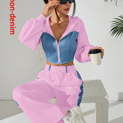 Women'S Stylish Two-Piece Set - Blue & Black Zip-Up Hoodie with Pockets, Long Sleeve Crop Top, and Wide-Leg Pants, Perfect for Spring/Fall, Casual Elegance, Casual Attire|Modern Casualwear|Zippered Hoodie