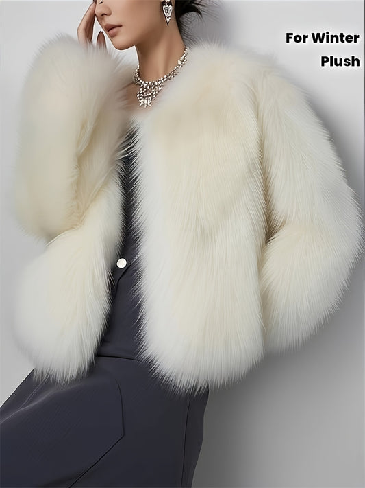 Women's Elegant White Fake Fur Coat - Winter Jacket with Fluffy Collar, Machine Washable Cold Weather Outerwear for Formal & Everyday Events, Luxury Non-Stretch Coat for Women, Ladies Winter Coats, Seasonal Fashion, Sophistic