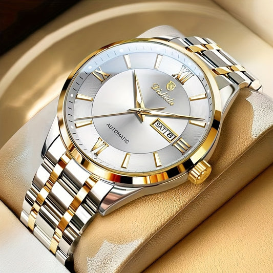 Elegant Men's Stainless Steel Quartz Watch - Luxurious Golden-Tone Business Timepiece with Dual Calendar & Luminous Hands, Waterproof - Ideal Gift for Birthdays & Anniversaries