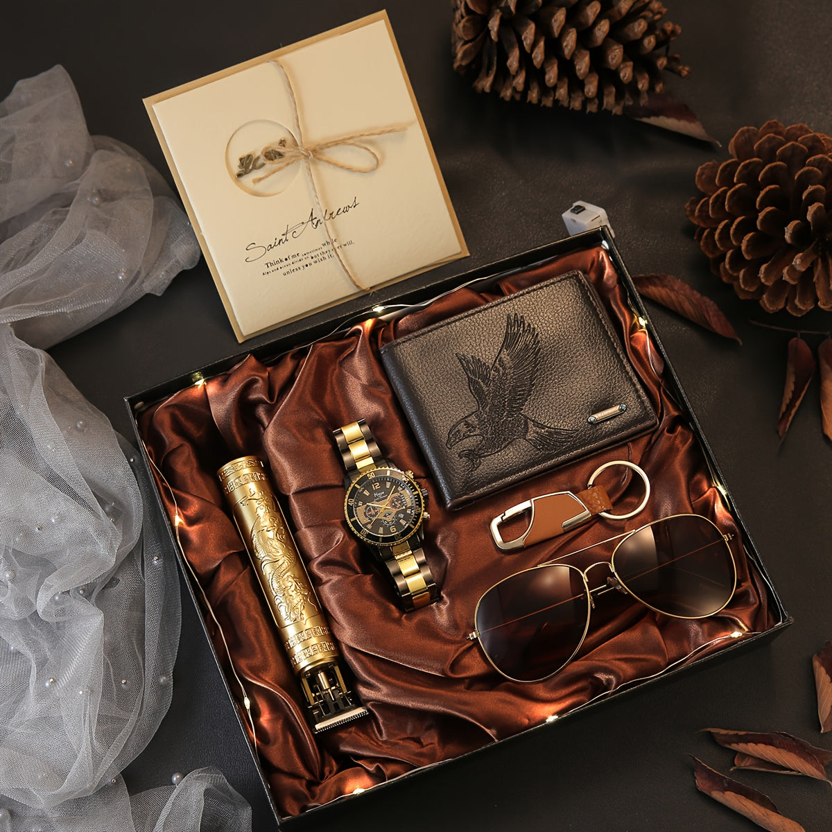 7pcs Men'S Luxury Business Gift Set - Elegant Watch, Wallet, Glasses, Keychain, Greeting Card & Gift Box - Perfect for Christmas, Halloween, Birthday, Christmas Gift Set|elegant Gift Box|durable Gift Box, Gift Box For Men