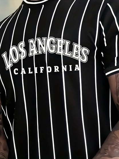 Տղամարդու Լոս Անջելեսի Կալիֆոռնիա ոճի գրաֆիկական մարզաշապիկ՝ սև, սպիտակ, գծավոր, առօրյա, փողոցային ոճի, շնչող, ամառային, կլոր վզնոցով, կարճ թևքերով վերնաշապիկ, սովորական չափսերով, առօրյա, փողոցային ոճի, հարթ հյուսվածքով գործվածքով։