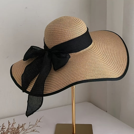 Elegant Women'S Wide Brim Straw Sun Hat with Black Bow - Stylish & Breathable Beach Hat for Summer, Ladies' Beach Accessory with Paper Straw Design, Beach Accessories|Bowknot Adornment|Paper Straw Material